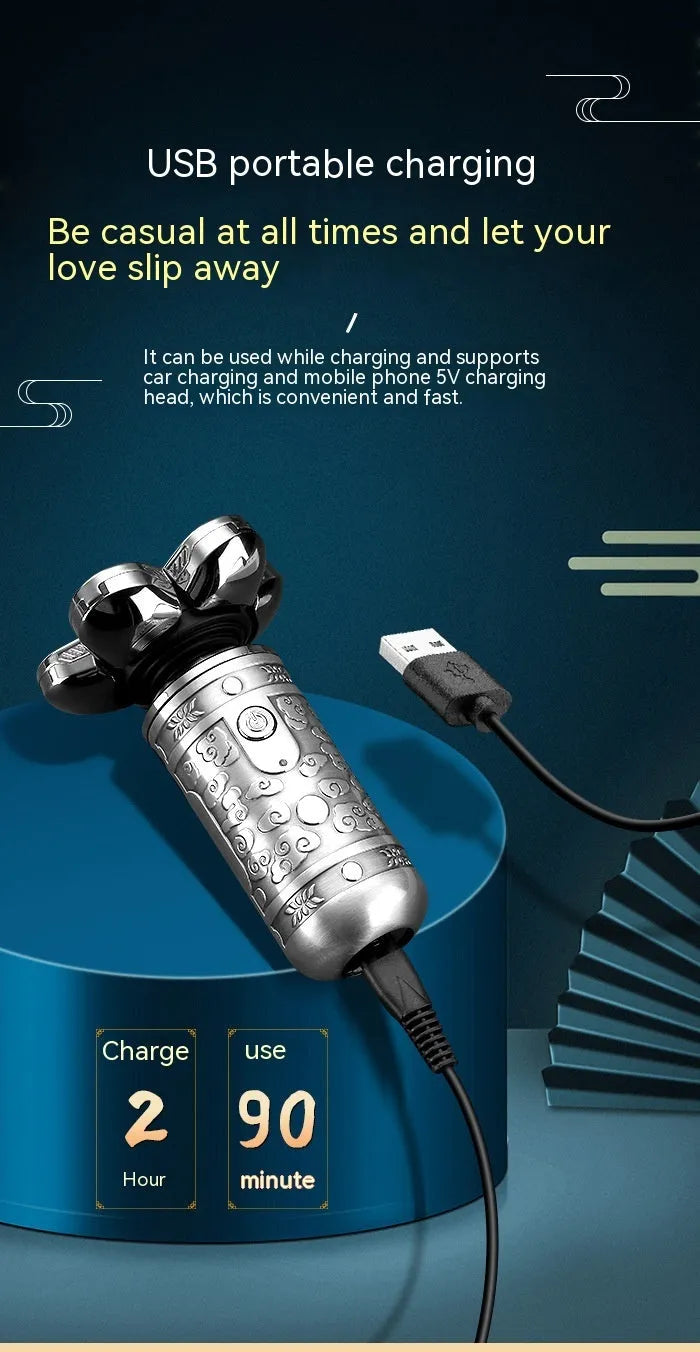 Silver black electric shaver with floating cutter head and USB cable on white background