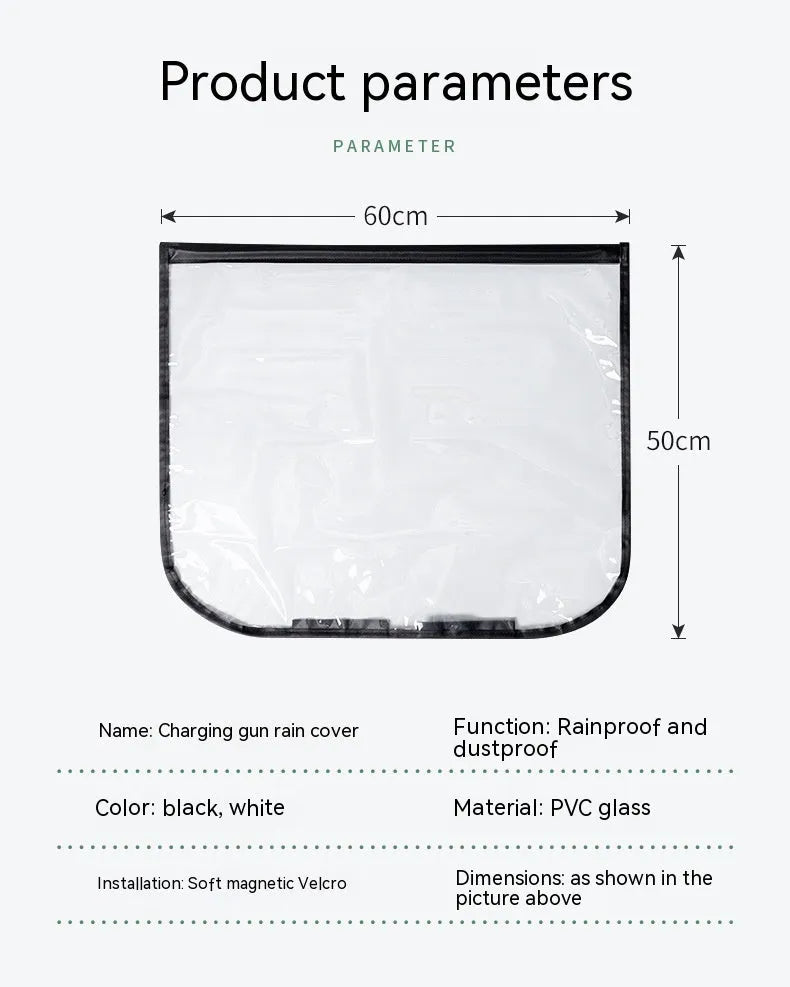 Black magnetic waterproof rain cover for electric vehicle charging gun and port, shown unfolded.