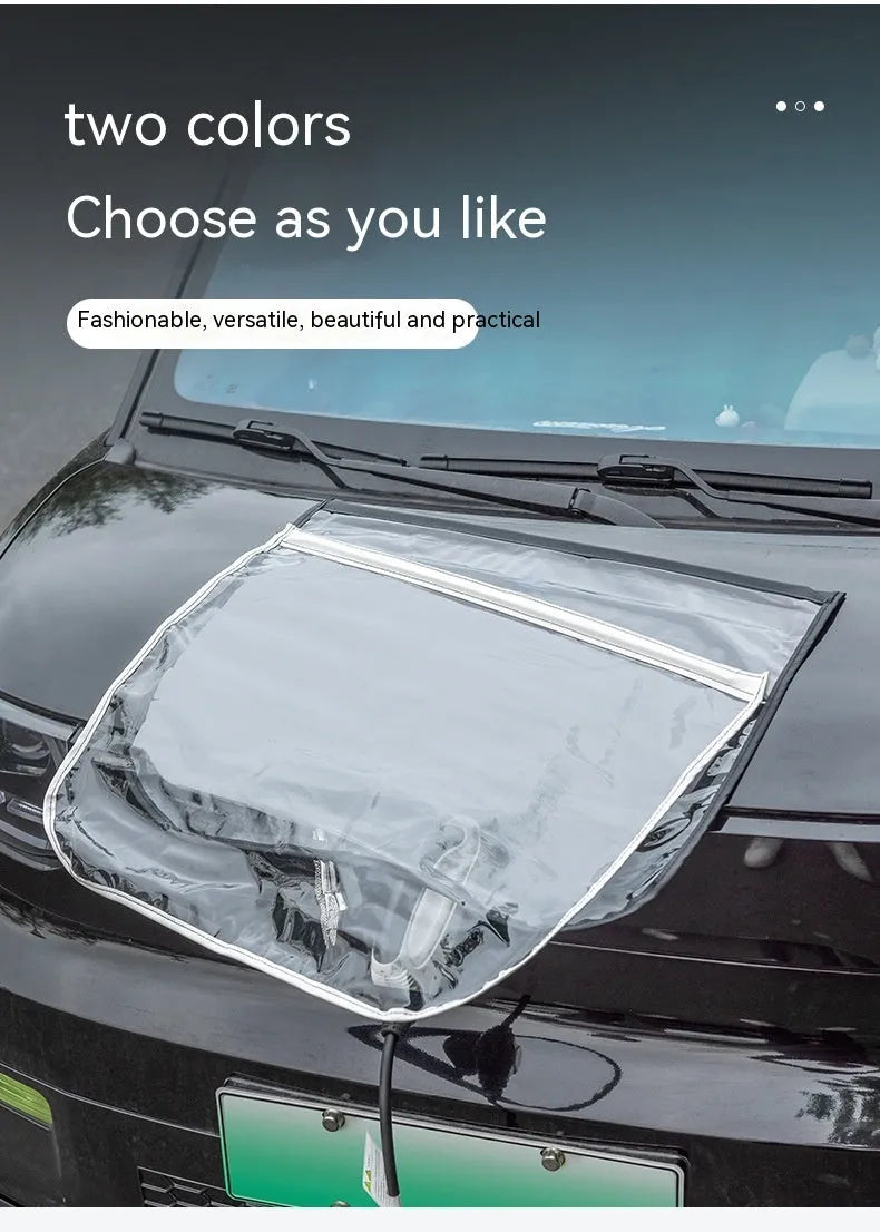 Black magnetic waterproof rain cover for electric vehicle charging gun and port, shown unfolded.