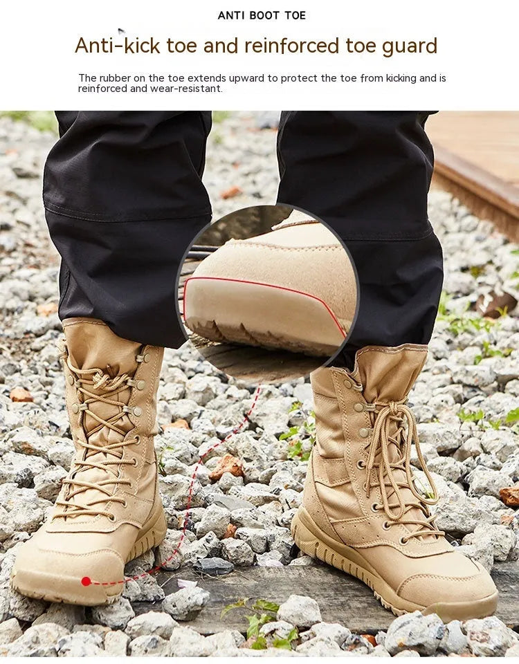 Summer Yulong unisex tactical combat and climbing boots in black and sand colours.