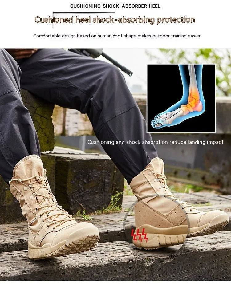 Summer Yulong unisex tactical combat and climbing boots in black and sand colours.