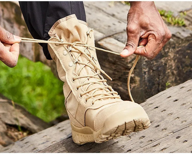 Summer Yulong unisex tactical combat and climbing boots in black and sand colours.