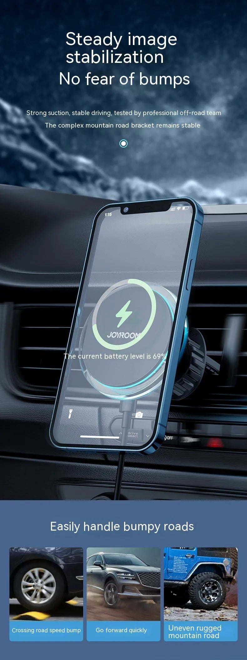 Black magnetic wireless car phone charging stand mounted on car air vent