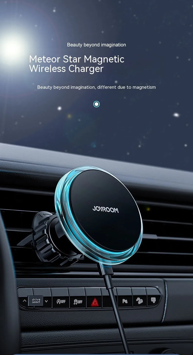 Black magnetic wireless car phone charging stand mounted on car air vent