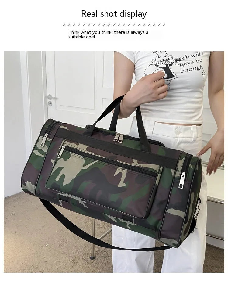 Large camouflage coloured waterproof luggage bag with striped polyester lining.