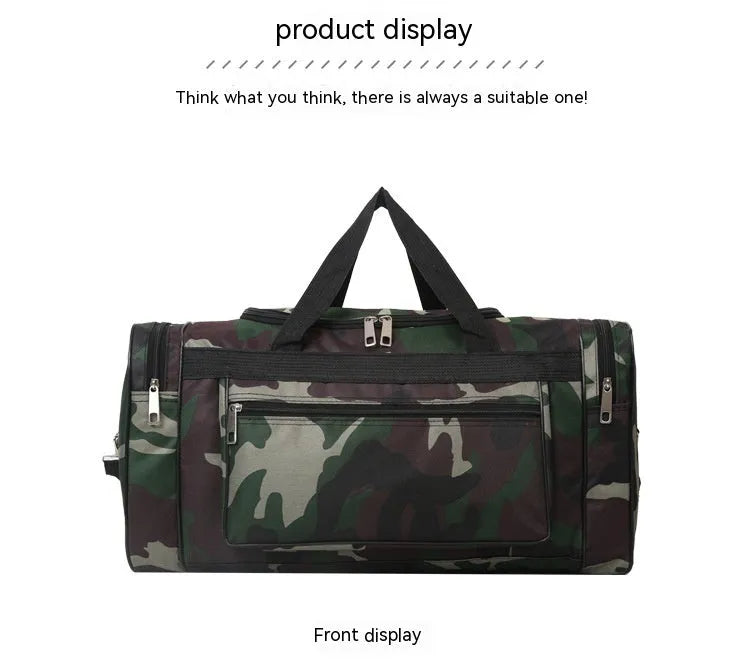 Large camouflage coloured waterproof luggage bag with striped polyester lining.