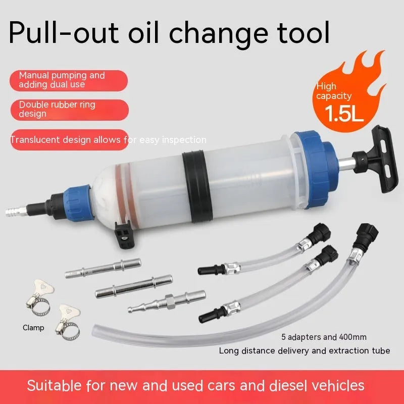 Manual oil change pump tool with syringe-style barrel for precise fluid transfer