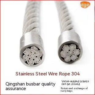 Coiled 304 stainless steel coated security cable with close-up showing multi-strand construction.