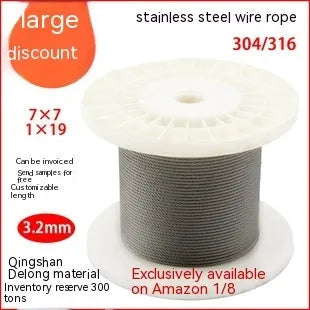 Coiled 304 stainless steel coated security cable with close-up showing multi-strand construction.