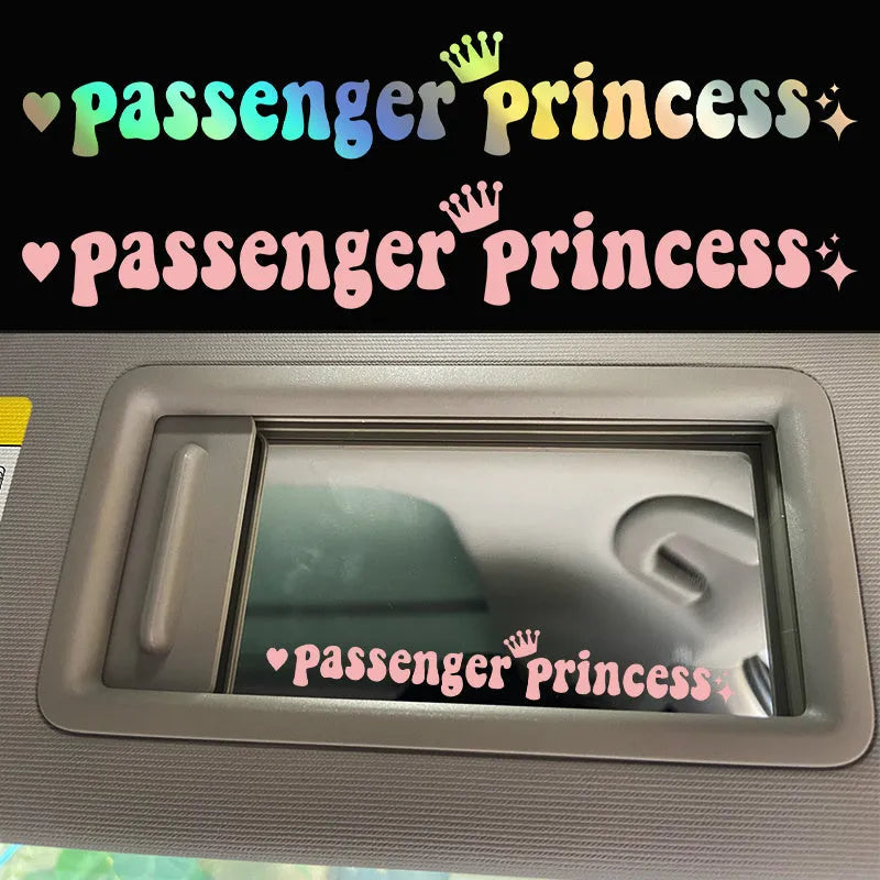 Passenger Princess slogan car rearview mirror sticker in black, white, laser, or pink, 15cm long.