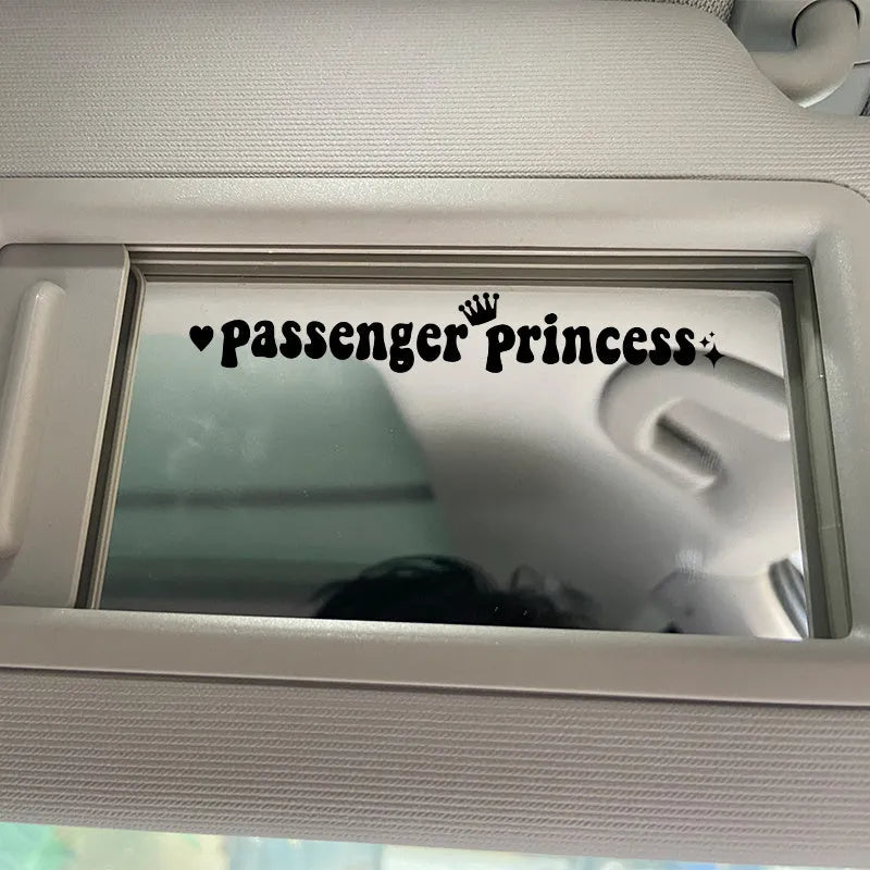 Passenger Princess slogan car rearview mirror sticker in black, white, laser, or pink, 15cm long.