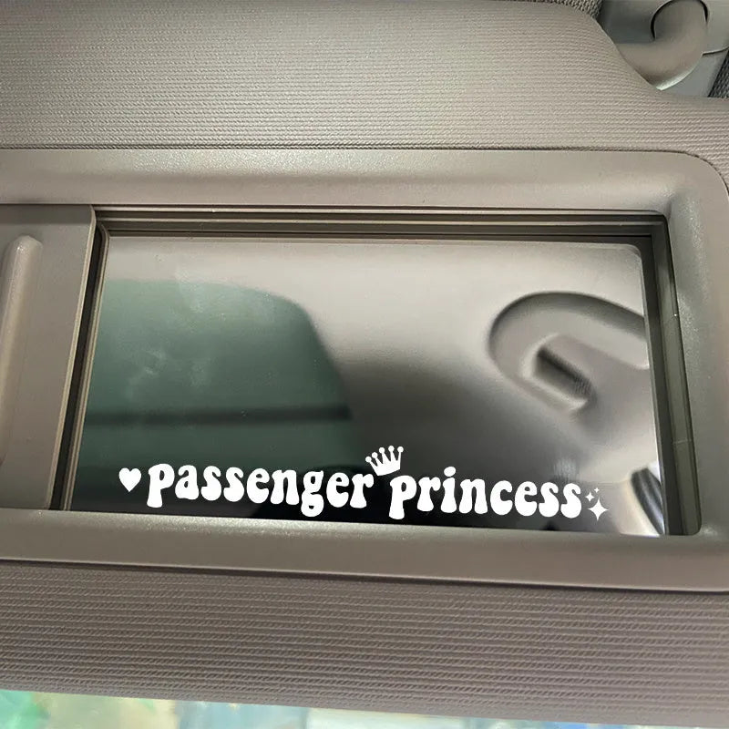 Passenger Princess slogan car rearview mirror sticker in black, white, laser, or pink, 15cm long.