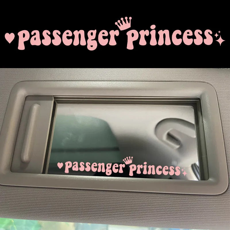 Passenger Princess slogan car rearview mirror sticker in black, white, laser, or pink, 15cm long.
