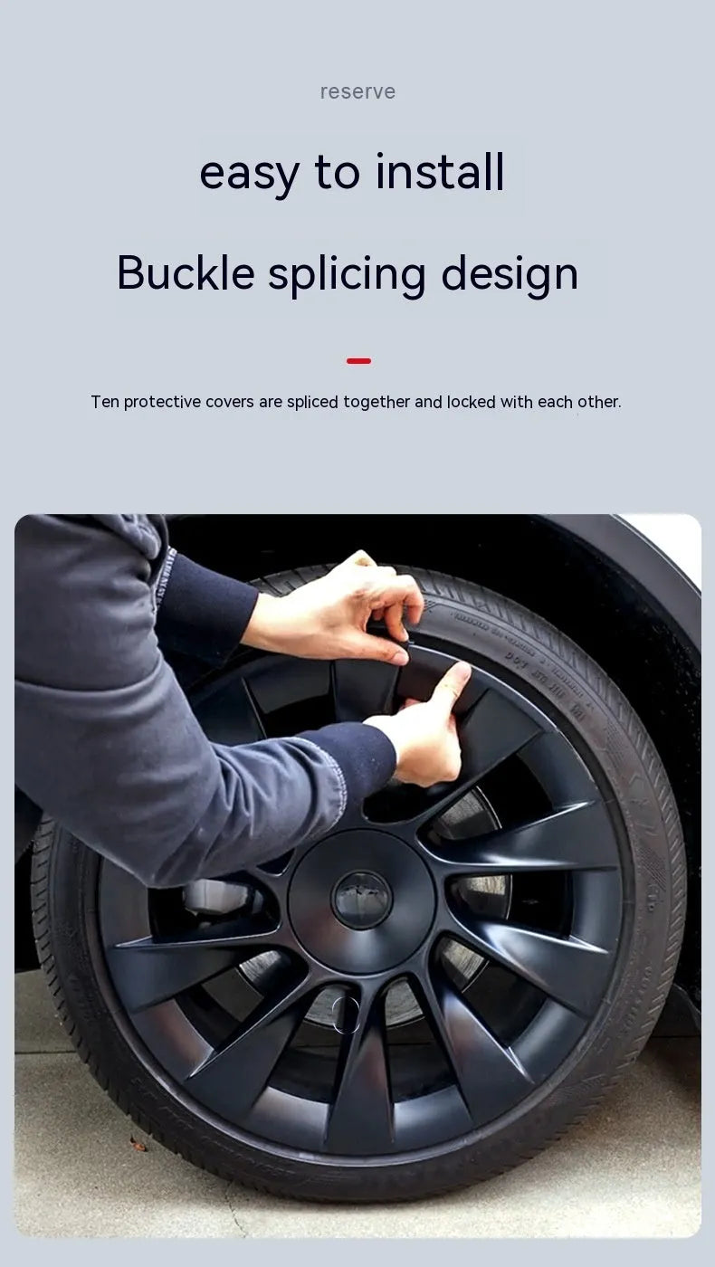 Set of sectional plastic wheel hub covers for Tesla Model Y in black, white, red, and carbon fibre pattern options.