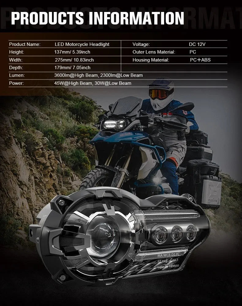 Black LED motorcycle headlight unit showing dimensions of 267mm width and 127mm height.