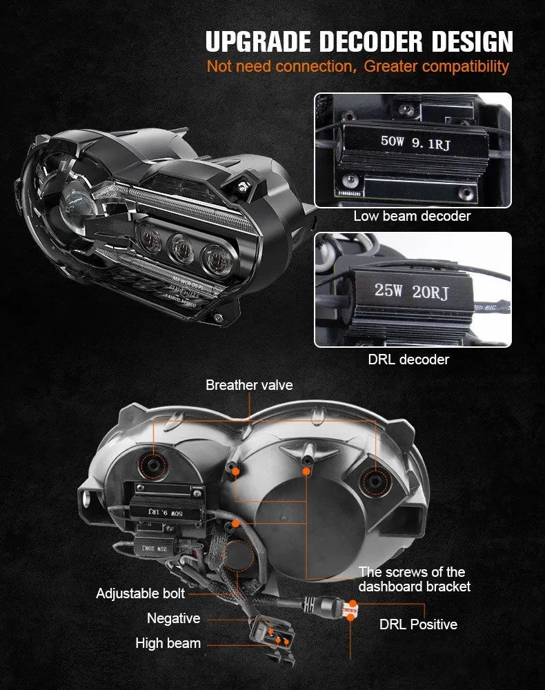 Black LED motorcycle headlight unit showing dimensions of 267mm width and 127mm height.