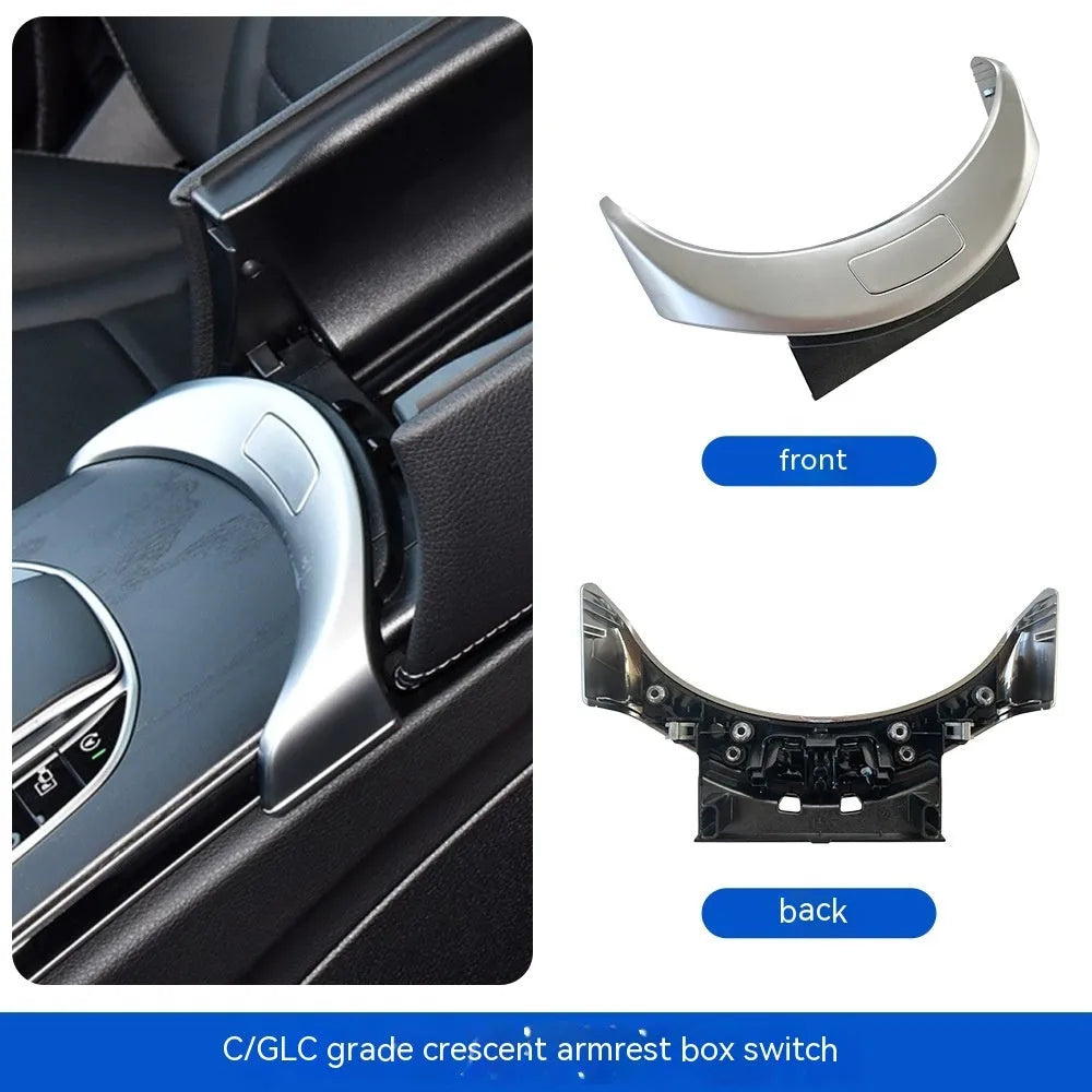 Mercedes C-Class GLC armrest button cover panel in silver, black, and carbon finishes