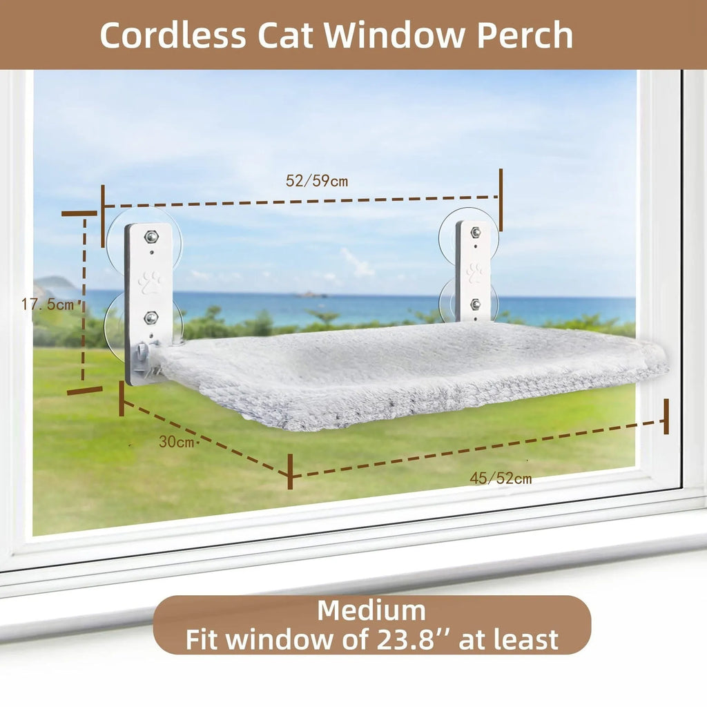 Cordless cat window hammock with stainless steel frame in grey plush on a window