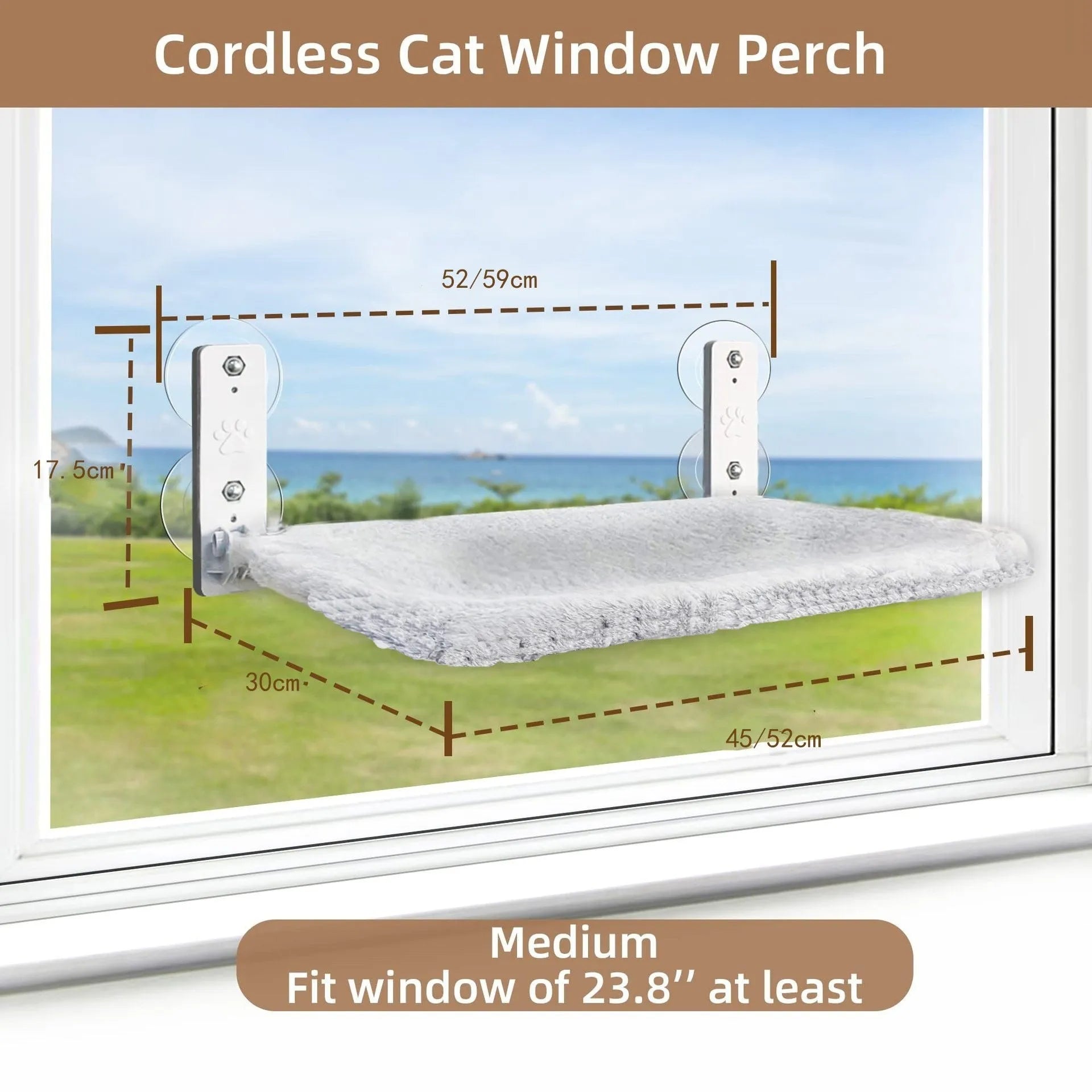 Cordless cat window hammock with stainless steel frame in grey plush on a window