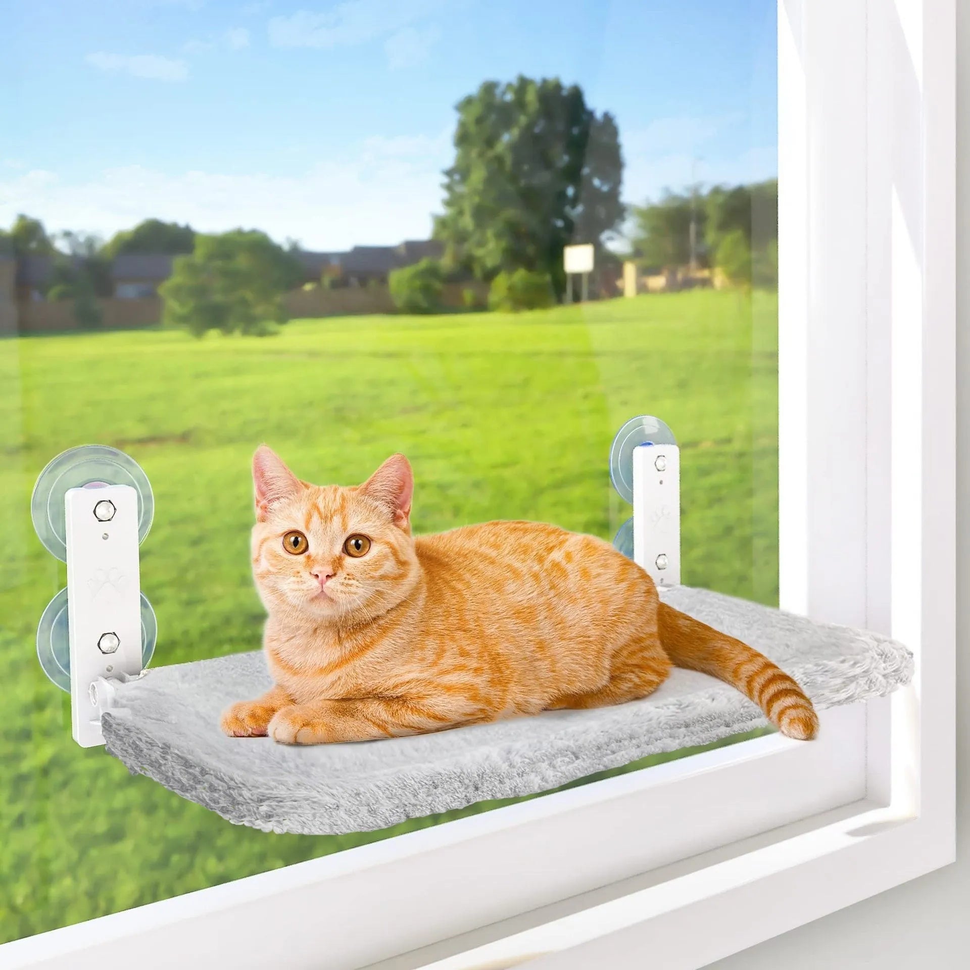 Cordless cat window hammock with stainless steel frame in grey plush on a window
