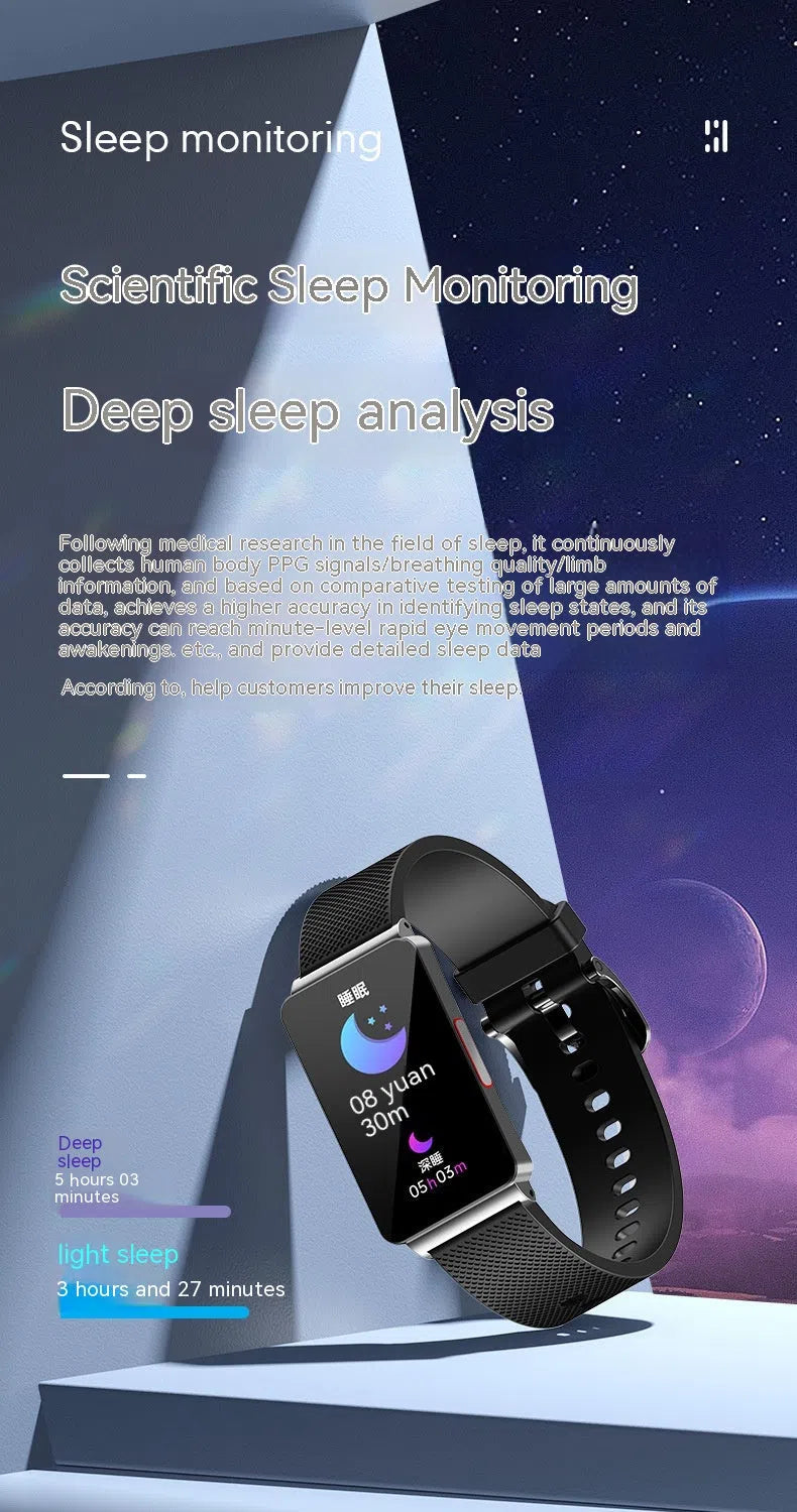 Smart watch with blood oxygen and sleep monitoring on silicone band, IPS screen, available in silver network silicone