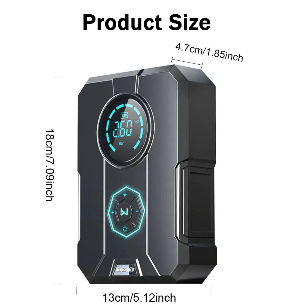 Portable wireless car tyre inflator with digital pressure gauge and LED light on ABS plastic body.