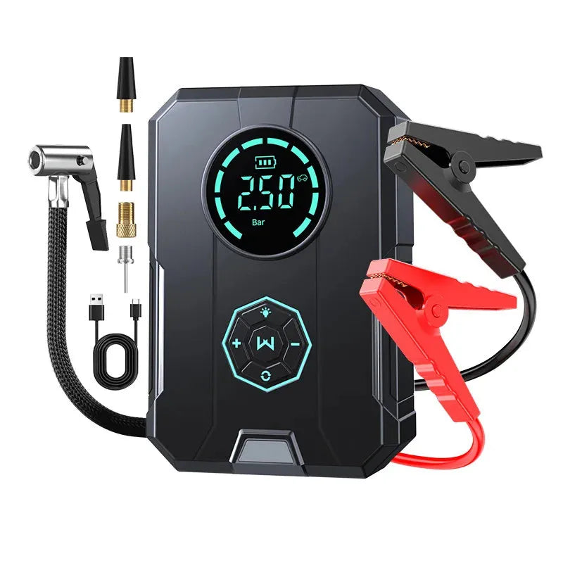 Portable wireless car tyre inflator with digital pressure gauge and LED light on ABS plastic body.