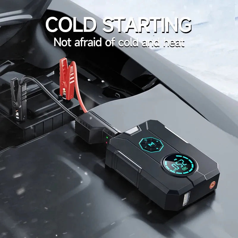 Portable wireless car tyre inflator with digital pressure gauge and LED light on ABS plastic body.