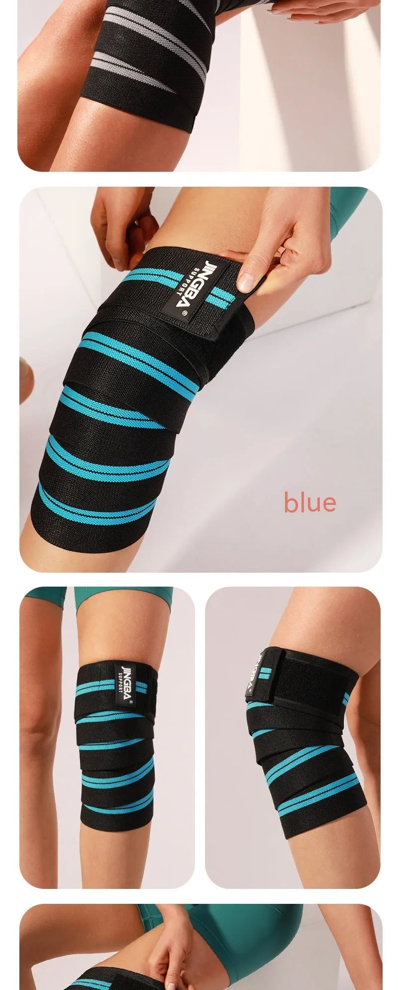 Adjustable knee pads in blue, red, grey or yellow for sports training and protection.
