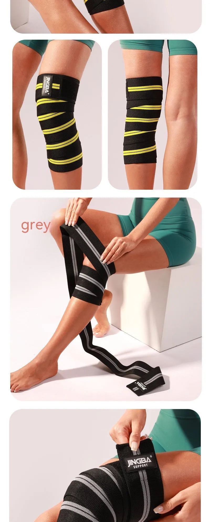 Adjustable knee pads in blue, red, grey or yellow for sports training and protection.