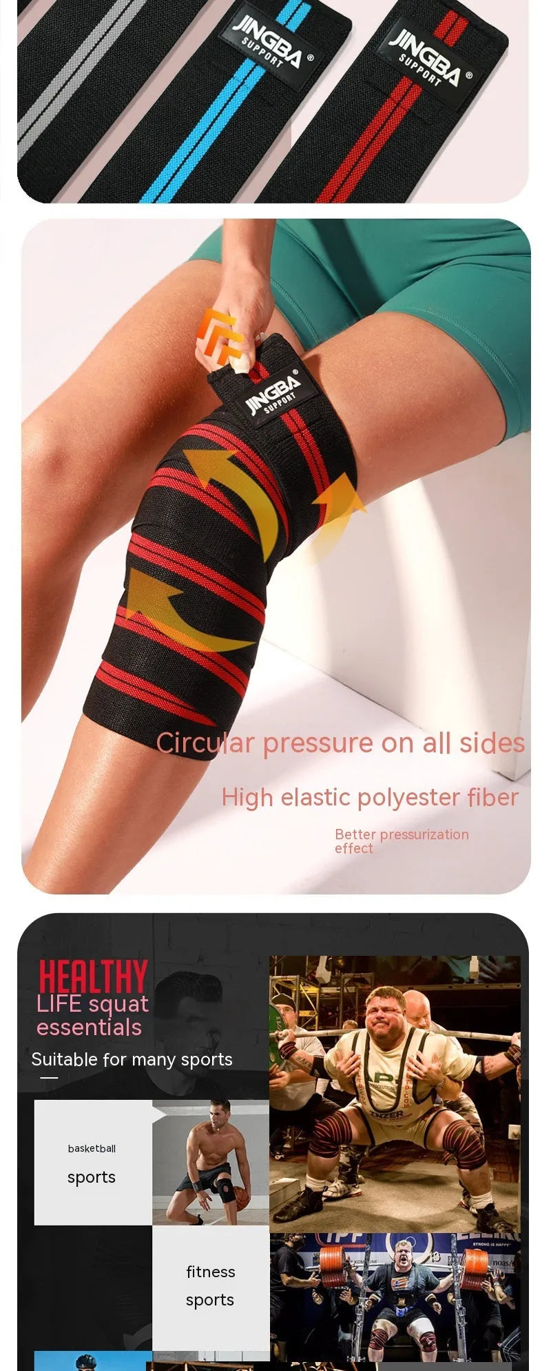 Adjustable knee pads in blue, red, grey or yellow for sports training and protection.