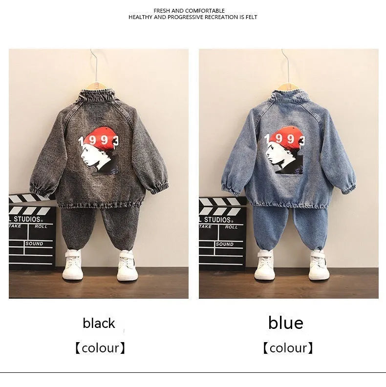 Boys wearing black cotton denim two-piece suit set with long sleeves in Korean style