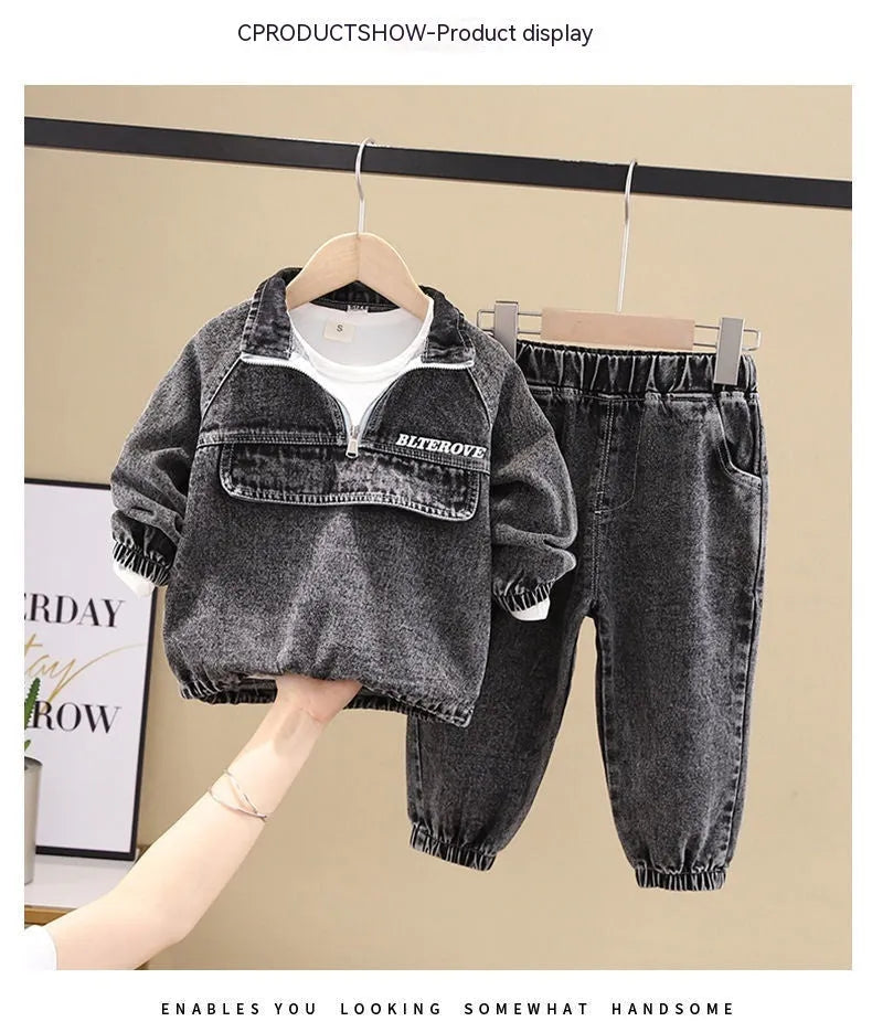 Boys wearing black cotton denim two-piece suit set with long sleeves in Korean style