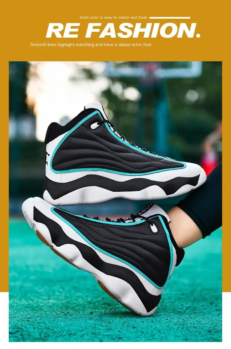 Men's high-top lace-up basketball shoes in AJ13 colourways with mesh upper and rubber sole.