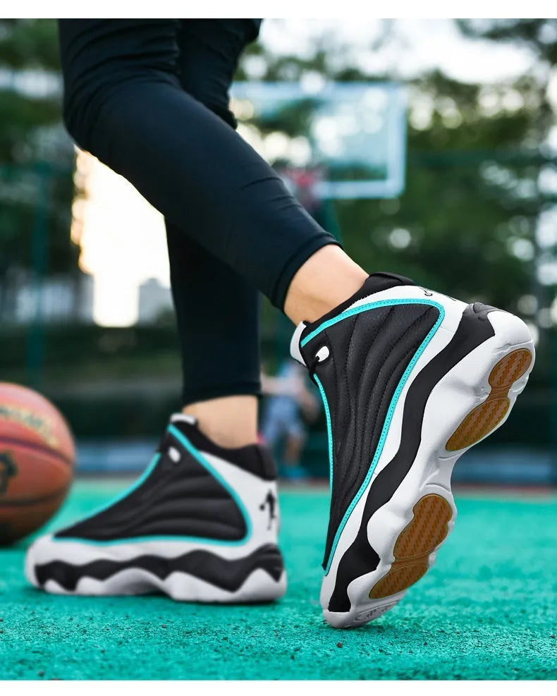 Men's high-top lace-up basketball shoes in AJ13 colourways with mesh upper and rubber sole.