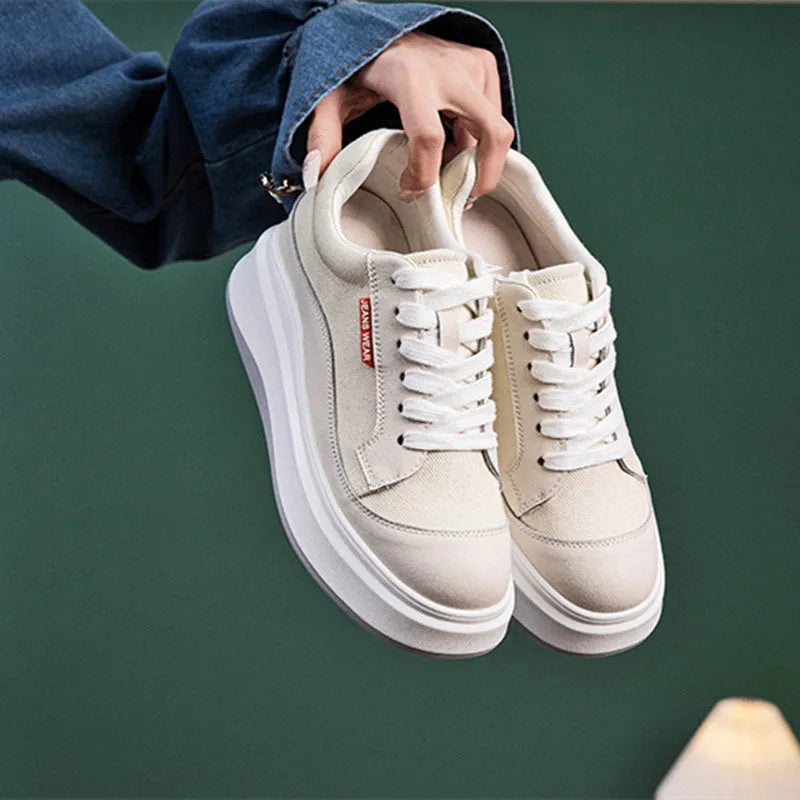 Women's beige and pink cowhide leather board shoes with thick soles for height increase