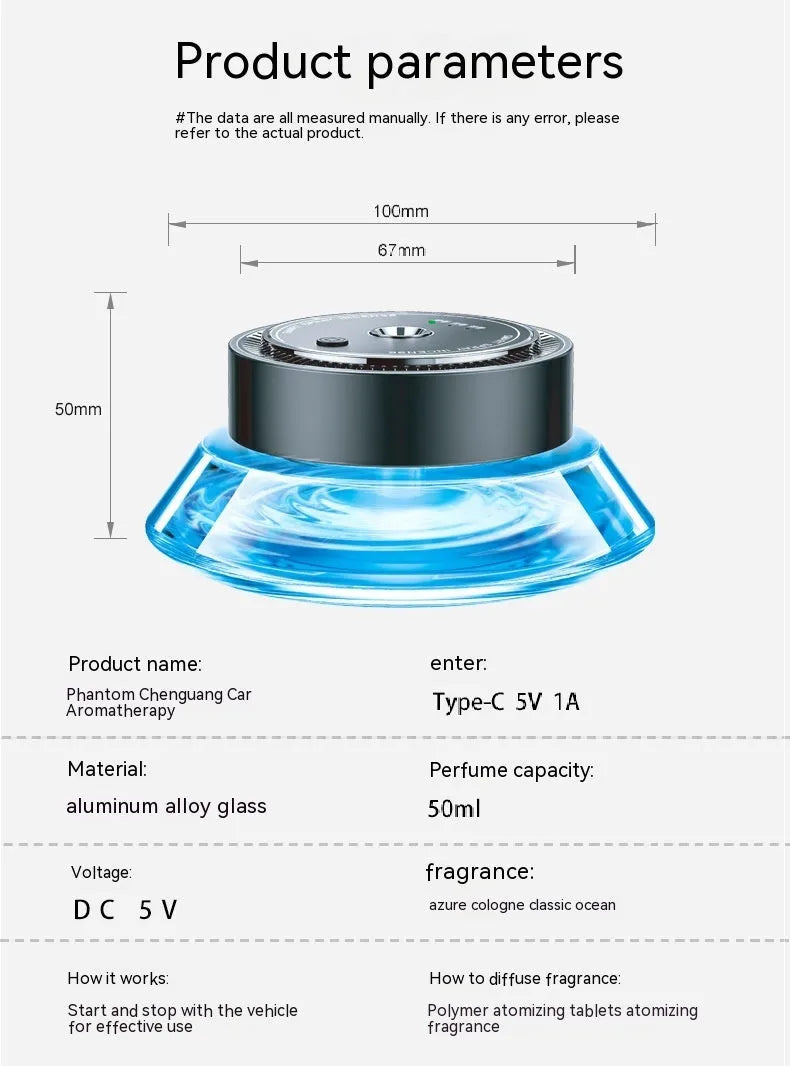 Car smart spray fragrance device with 50ml refill cartridge for vehicle interior odour control
