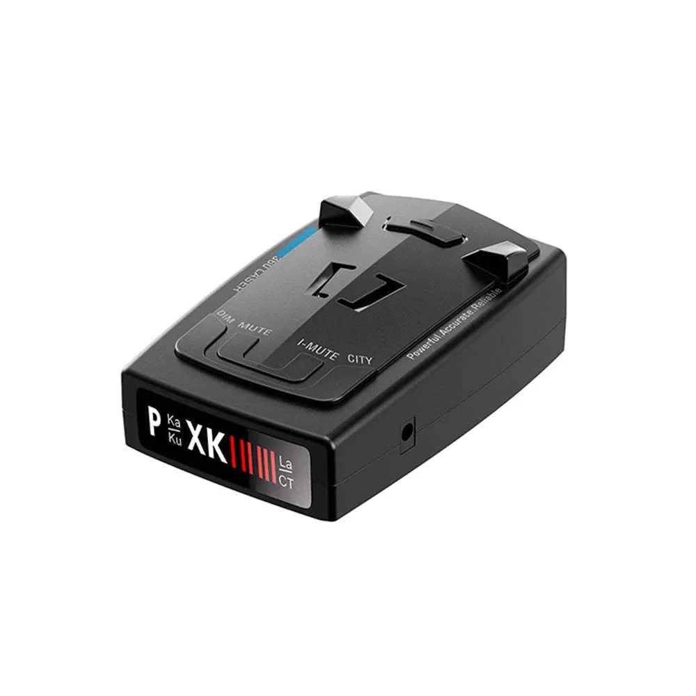 Compact black laser velocimeter for car speed measurement with 12V power input.