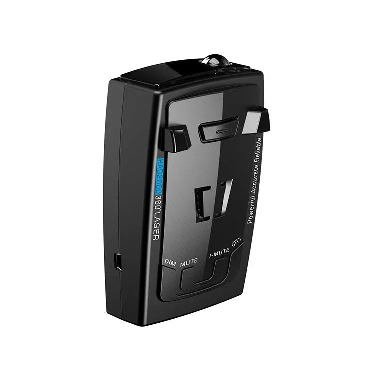 Compact black laser velocimeter for car speed measurement with 12V power input.