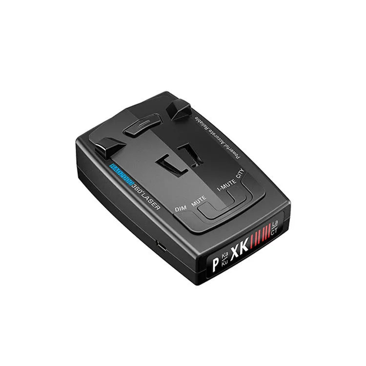 Compact black laser velocimeter for car speed measurement with 12V power input.