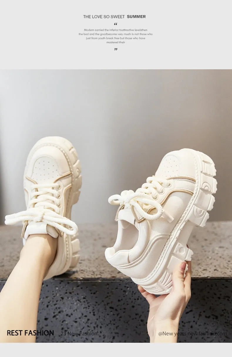 Beige leather casual shoes with thick rubber foam soles for height increase