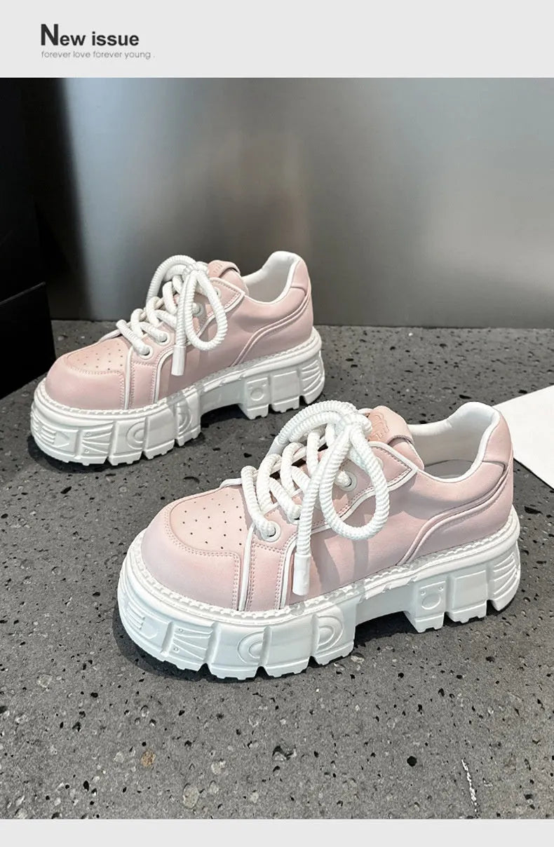 Beige leather casual shoes with thick rubber foam soles for height increase