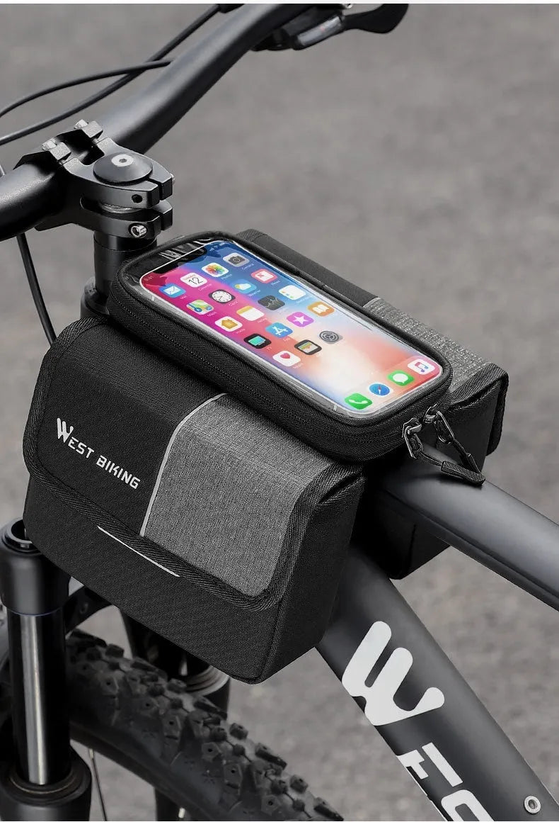 Black and grey bilateral tube saddle bag mounted on bicycle frame with 2L capacity