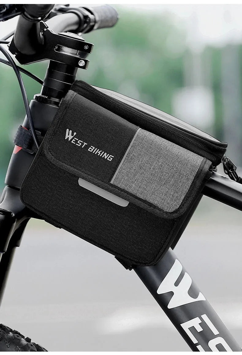 Black and grey bilateral tube saddle bag mounted on bicycle frame with 2L capacity