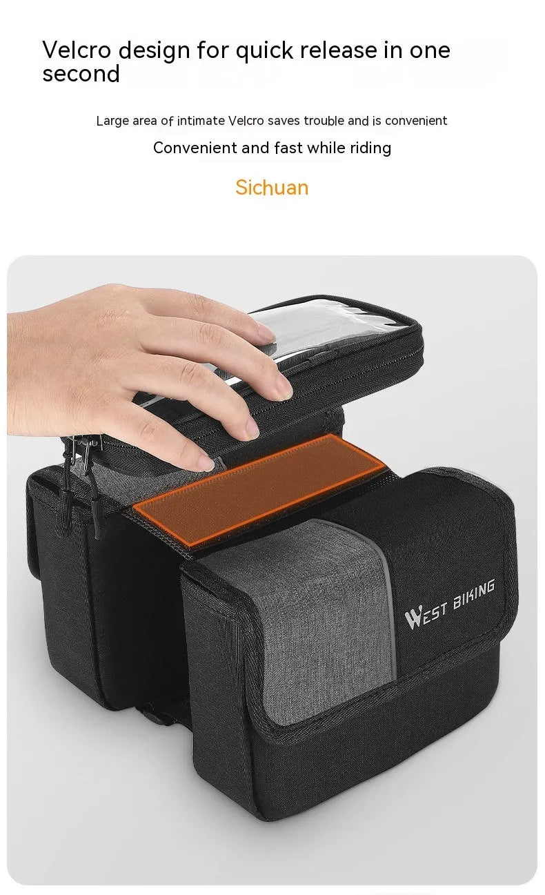 Black and grey bilateral tube saddle bag mounted on bicycle frame with 2L capacity