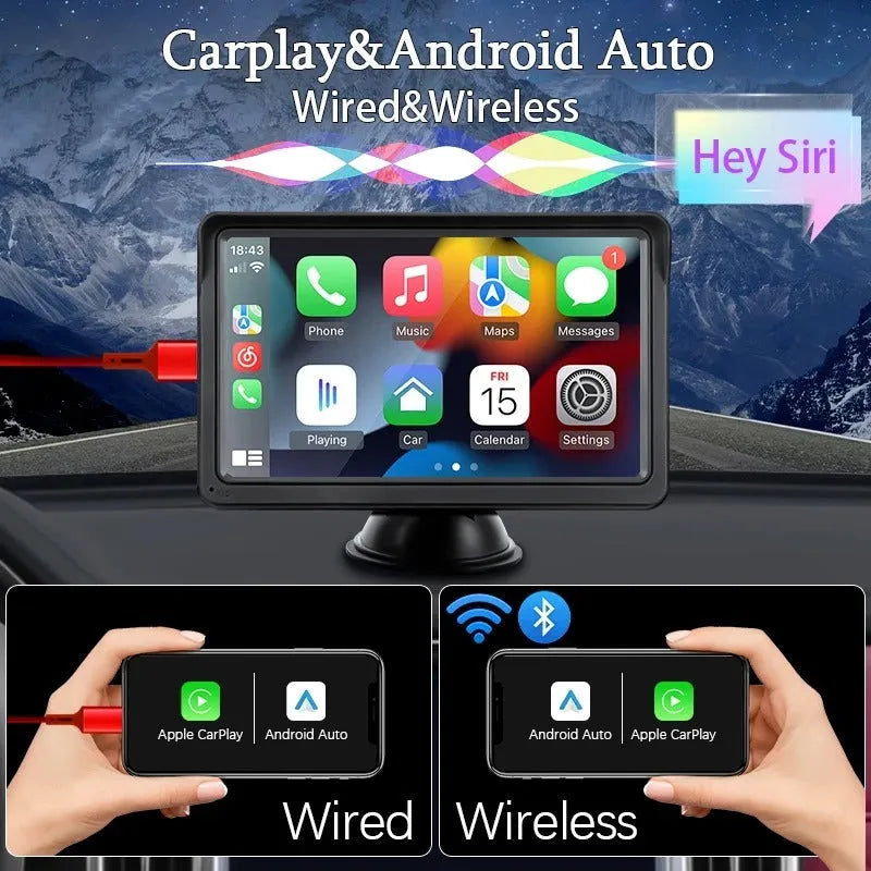 7-inch car display screen showing wireless CarPlay interface with 1024x600 HD resolution