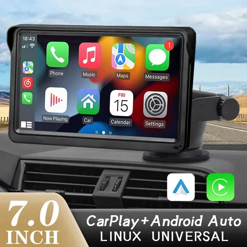 7-inch car display screen showing wireless CarPlay interface with 1024x600 HD resolution