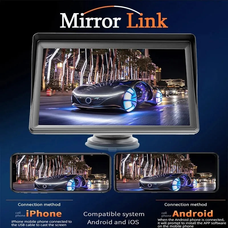 7-inch car display screen showing wireless CarPlay interface with 1024x600 HD resolution
