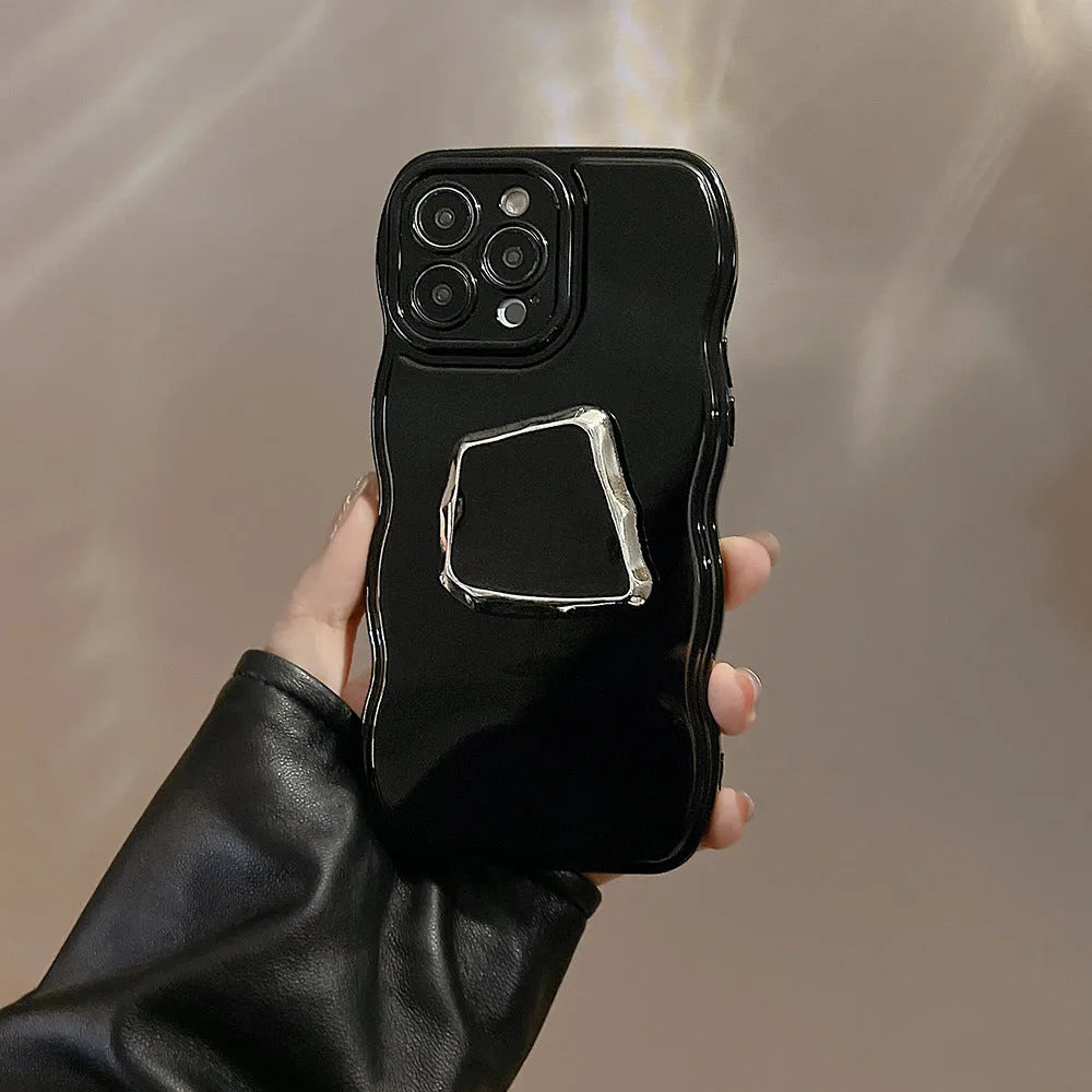 Black metallic TPU phone case with dark bracket and wave pattern for Apple iPhone