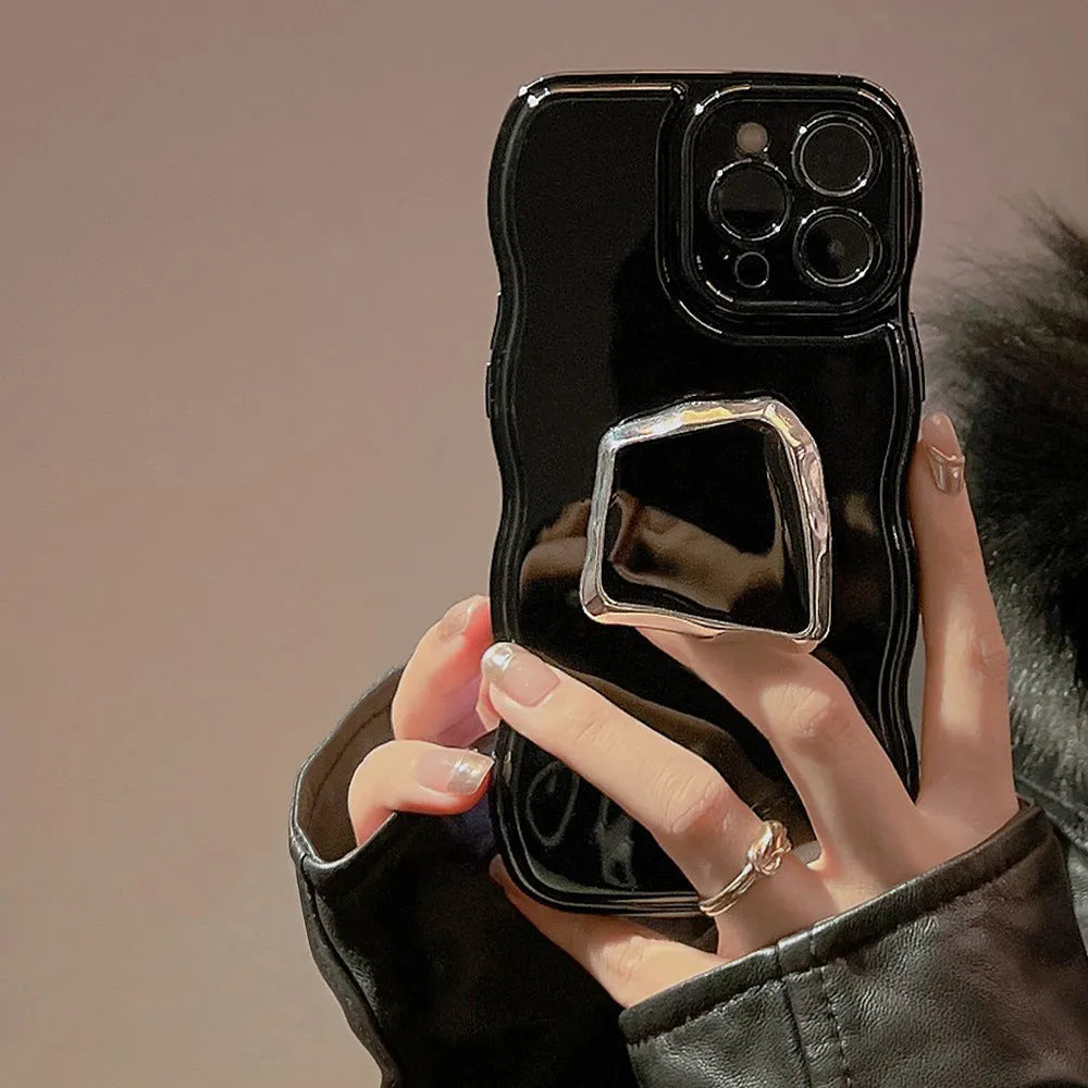 Black metallic TPU phone case with dark bracket and wave pattern for Apple iPhone